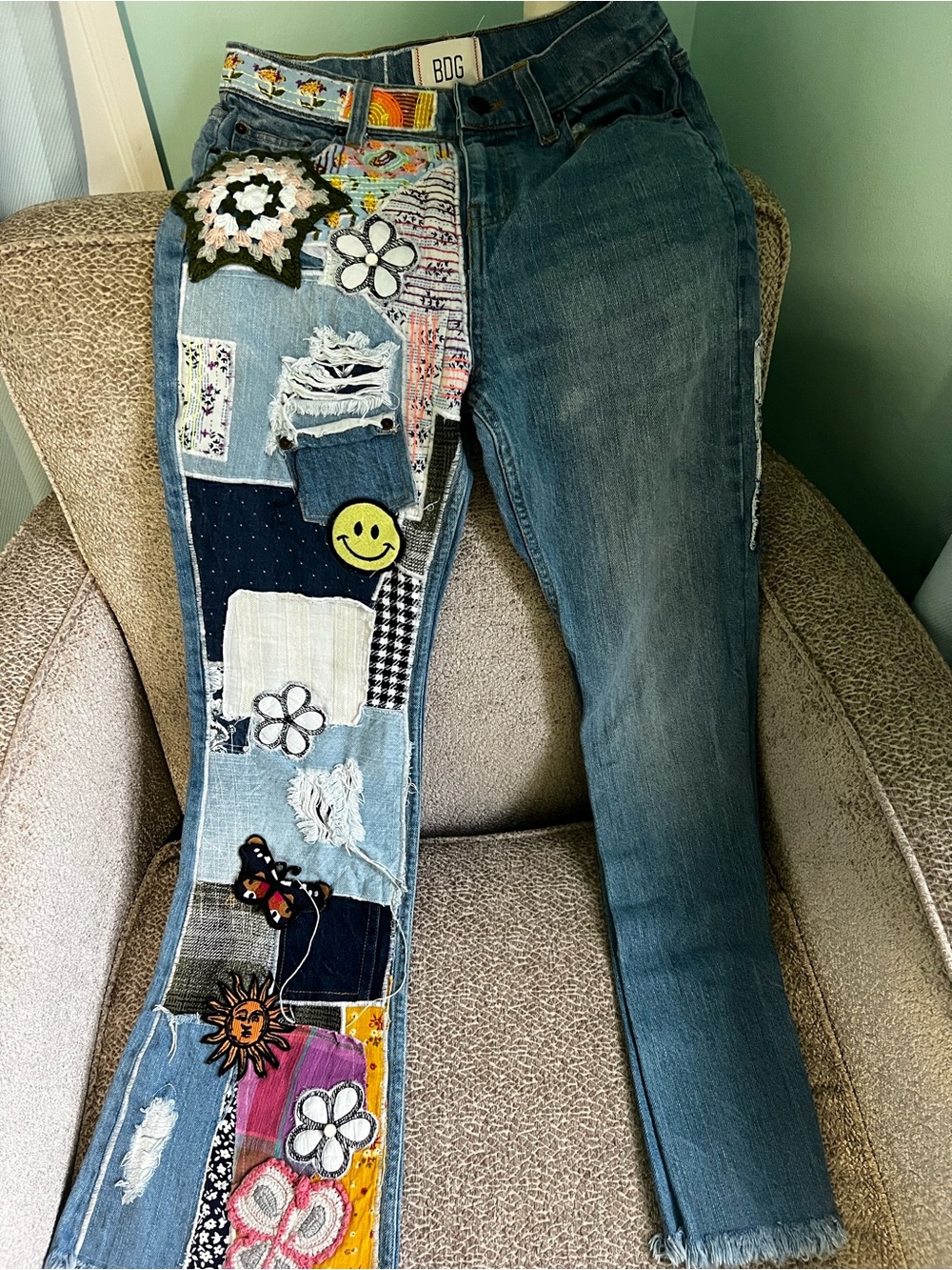BDG Blue Patchwork Straight-Leg Jeans with Embroidered Accents - Picture 2 of 12